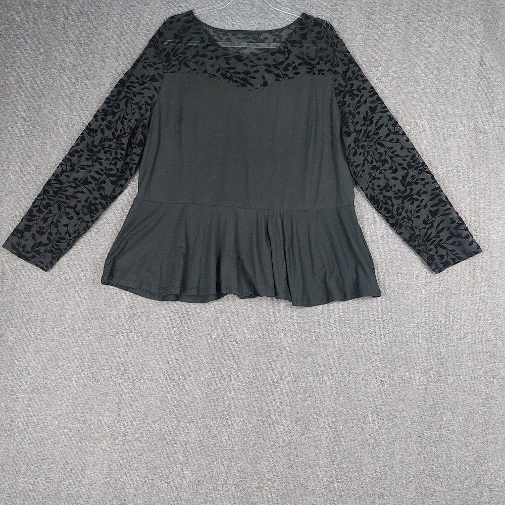 DENIM24/7 Y2K BLACK VELVET BURNOUT ILLUSION LONG SLEEVE PEPLUM WITCHY TOP SZ 1X